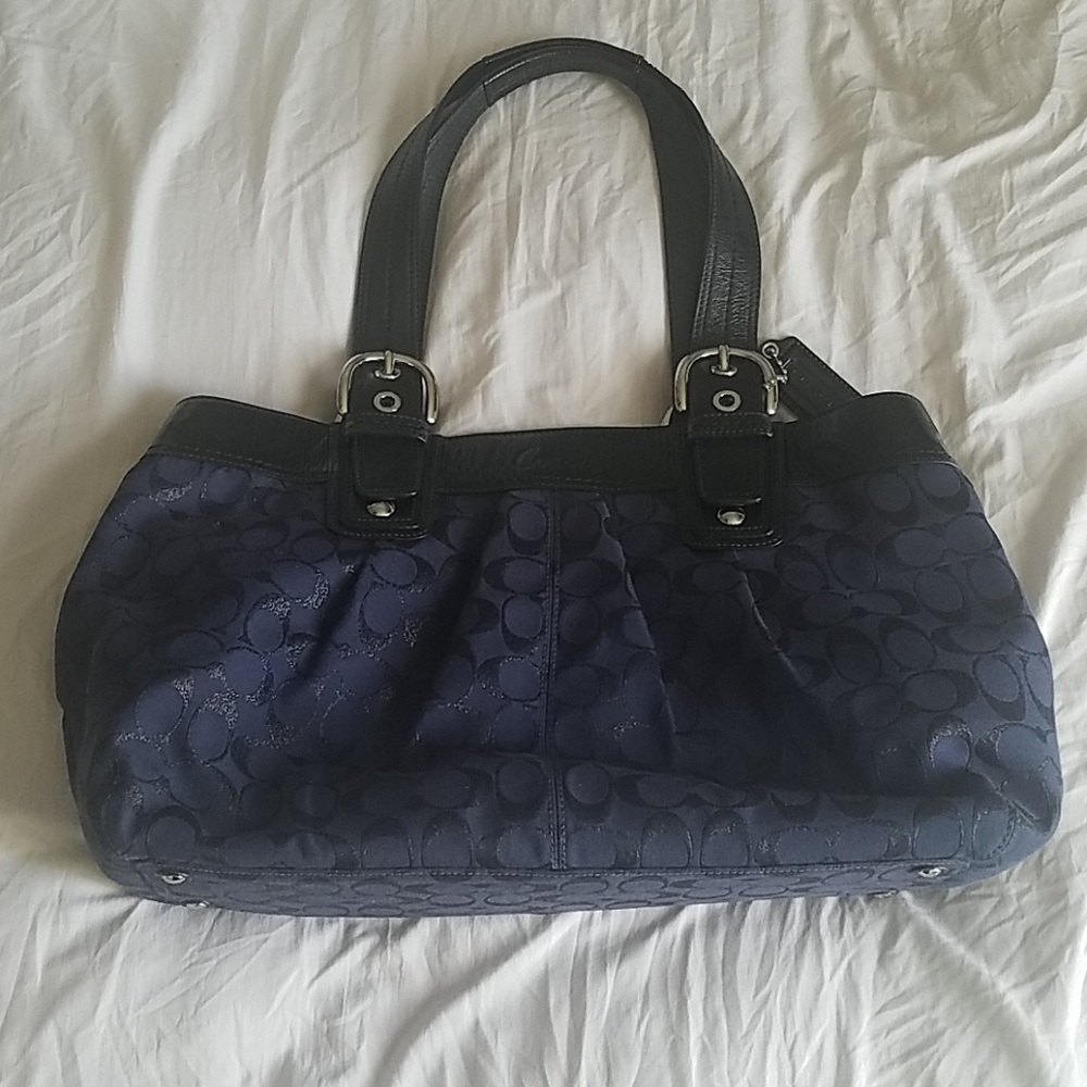 EUC Coach Navy Blue Canvas & Black leather bag